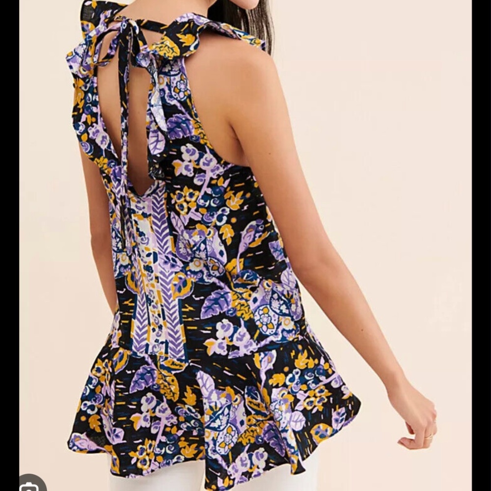 NWOT Free People Tunic Top Ruffle Tie Back Dark Combo Floral - Size XS